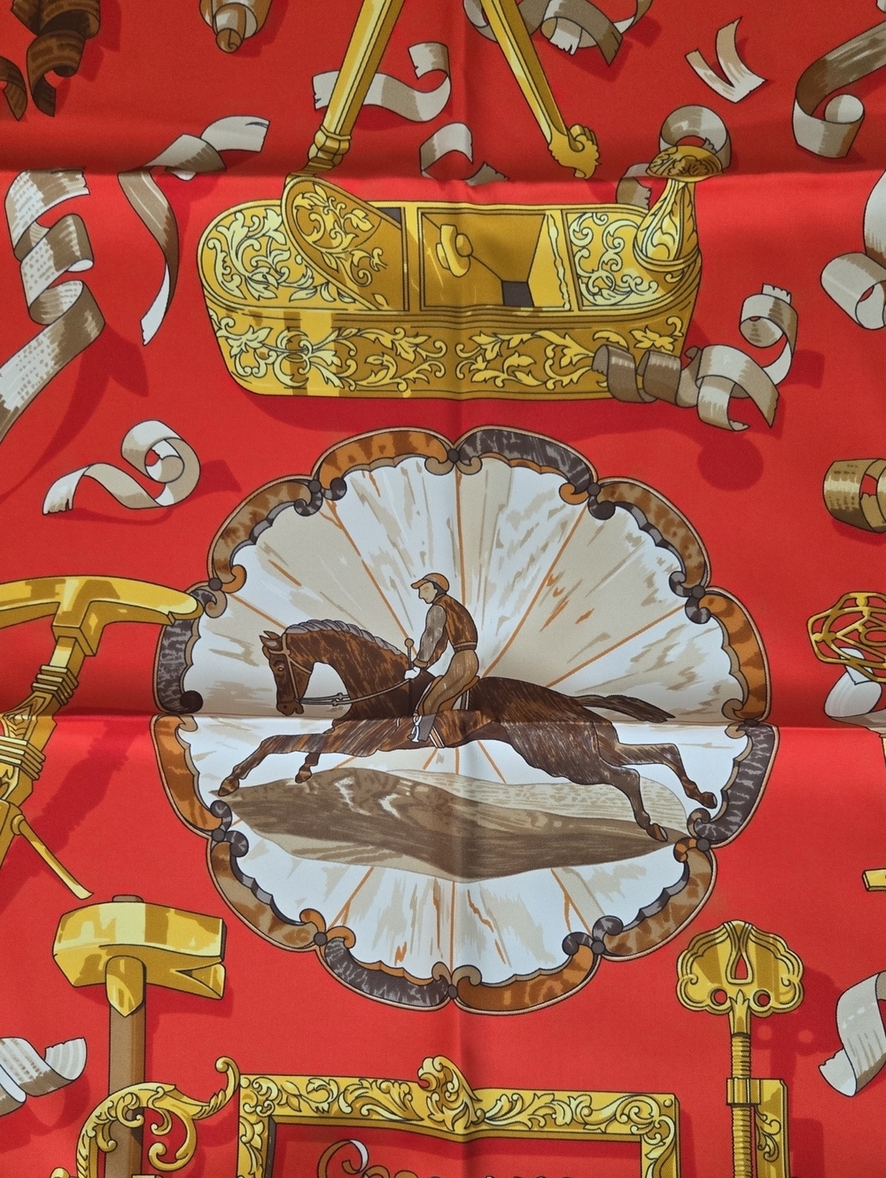 Hermes Red Silk Scarf with Gold Baroque Motif, VGUC, Comes With Box - Picture 7 of 7